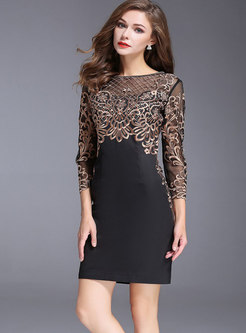 Crew Neck Embroidered Lace Patchwork Bodycon Dress