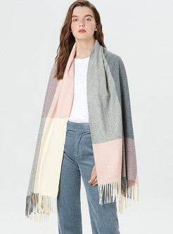 Color-blocked Thicken Fringed Poncho Scarf