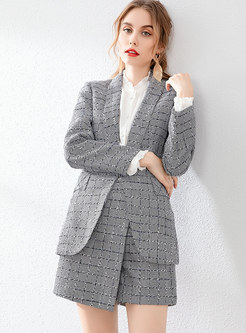 Long Sleeve Plaid High Waisted Short Pant Suits