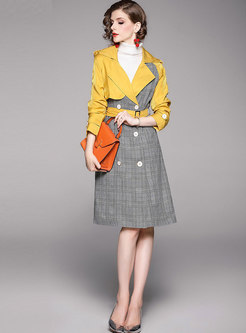 Color-blocked Patchwork Plaid Double Breasted Trench Coat
