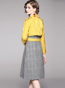 Color-blocked Patchwork Plaid Double Breasted Trench Coat