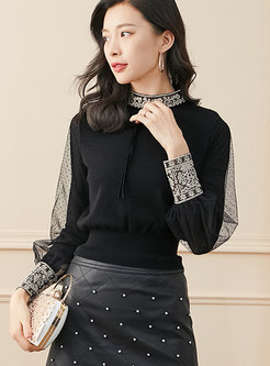 Mock Neck Embroidered Mesh Patchwork Sweater
