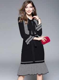 Tie Striped Color-blocked Bodycon Peplum Sweater Dress