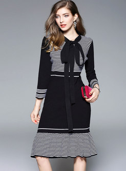 Tie Striped Color-blocked Bodycon Peplum Sweater Dress