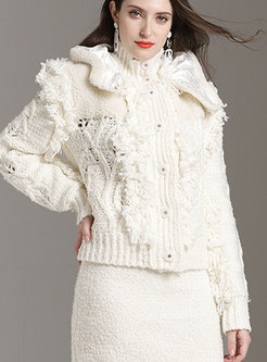 White Hooded Zipper Fringed Sweater Coat