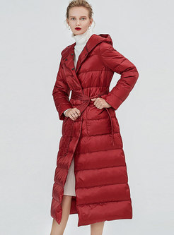 Hooded Long Puffer Coat With Belt