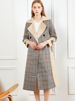 Notched Plaid Patchwork Long Trench Coat