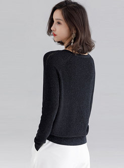 Brief Pure Color V-neck Casual Loose Sweater