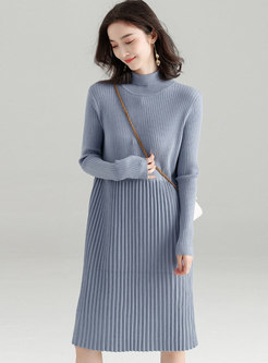 Pleated Patchwork A Line Sweater Dress 