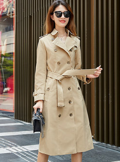 Notched Double-breasted Long Trench Coat