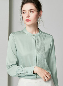 Mock Neck Pleated Solid Color Zip-up Blouse