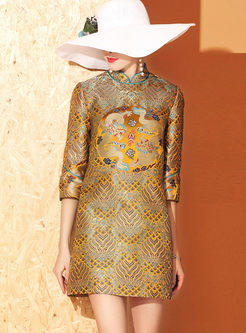 Mandarin Collar Jacquard Shift Mini Dress