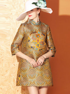 Mandarin Collar Jacquard Shift Mini Dress