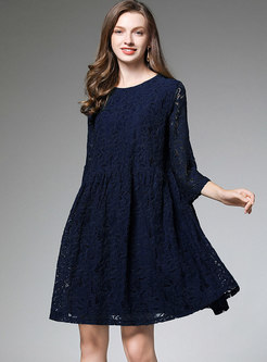 Crew Neck Lace Openwork Loose A Line Dress