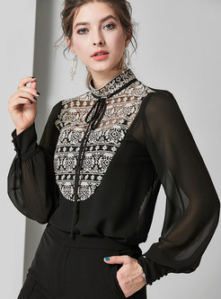 Embroidered Patchwork Perspective Pullover Blouse