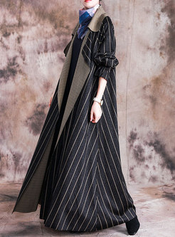 Notched Striped Straight Trench Coat