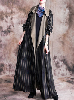 Notched Striped Straight Trench Coat