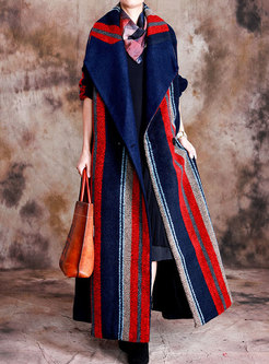 Lapel Striped Long Wool Blended Coat