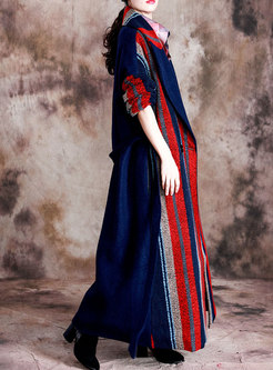 Lapel Striped Long Wool Blended Coat