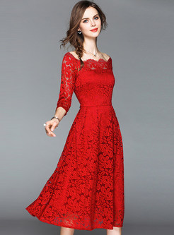 Off-the-shoulder Swing Lace Midi Cocktail Dress