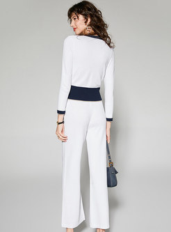 Color-blocked Knitted Wide Leg Pant Suits