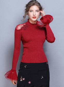 Flare Sleeve Patchwork Lace Slim Sweater