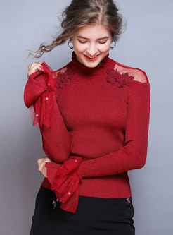 Flare Sleeve Patchwork Lace Slim Sweater