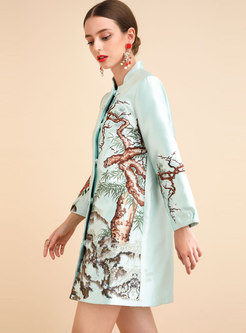Mandarin Collar Embroidered Straight Coat
