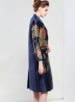 Notched Embroidered Straight Slim Overcoat
