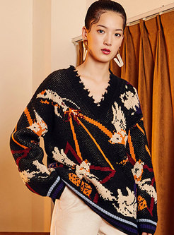 V-neck Rough Selvedge Jacquard Loose Pullover Sweater 