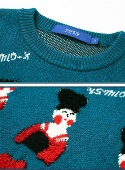Crew Neck Jacquard Loose Pullover Sweater