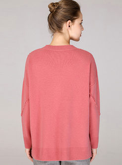 Solid Color V-neck Tassel Loose Pullover Sweater