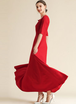 Square Collar Solid Color Waist Long Formal Dress