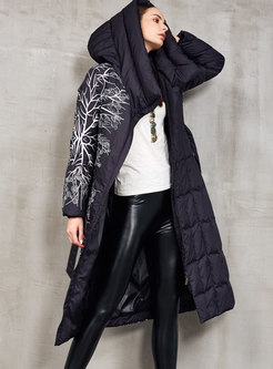 Embroidered Hooded Wrap Long Down Coat