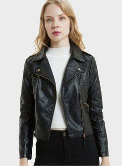 Notched Collar Long Sleeve Leather Biker Jacket
