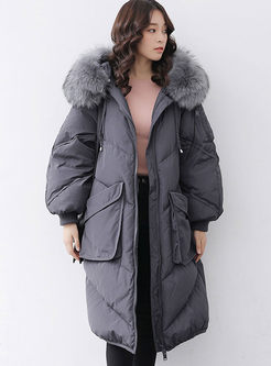 Hooded Fur Collar Patchwork Long Down Coat