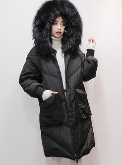 Hooded Fur Collar Patchwork Long Down Coat