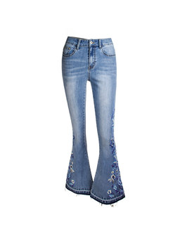 Embroidered Washed Long Flare Jeans