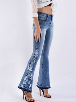 Embroidered Washed Long Flare Jeans