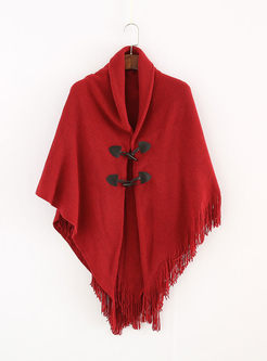 Solid Color Fringed Faux Cashmere Poncho