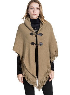 Solid Color Fringed Faux Cashmere Poncho