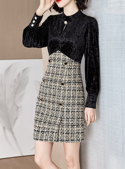 Mock Neck Double Breasted Patchwork Tweed Bodycon Dress