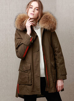 Color-blocked Hooded Straight Drawcord Coat