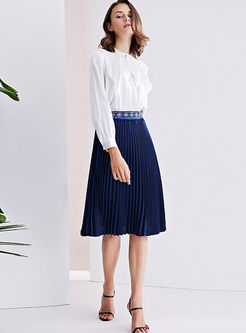 High Waisted Embroidered Pleated A Line Skirt