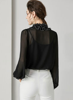 Ruffled Neck Silk Single-breasted Blouse