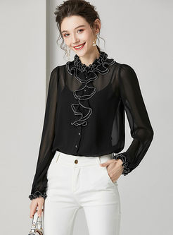 Ruffled Neck Silk Single-breasted Blouse
