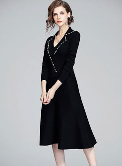Black Notched Long Sleeve Sweater Dress