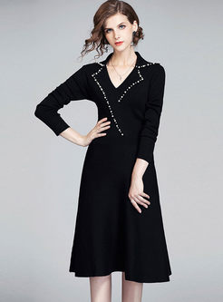Black Notched Long Sleeve Sweater Dress