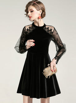 Black Mock Neck Long Sleeve Velvet Dress