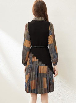 Long Sleeve Print Skater Dress With Knit Vest